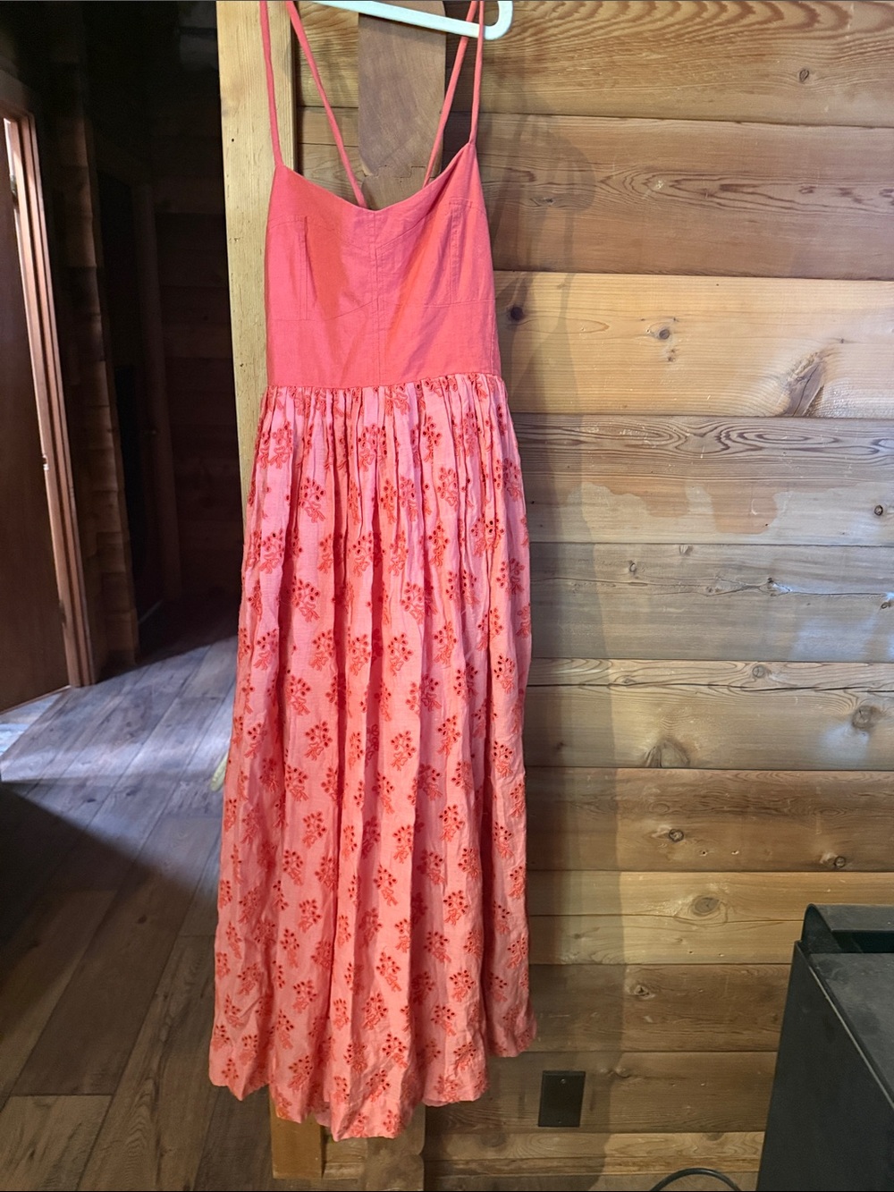 THE GREAT. Coral Pink Spaghetti-Strap Maxi Dress